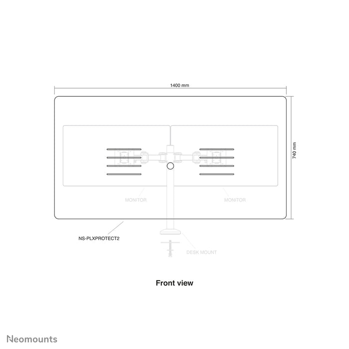 Neomounts NS-PLXPROTECT2 es una pantalla transparente para 2 pantallas planas y ofrece protección contra la distancia en el lugar de trabajo - Acrílico transparente, 100% reciclable | PLXPROTECT está registrado como patente de diseño de la UE |