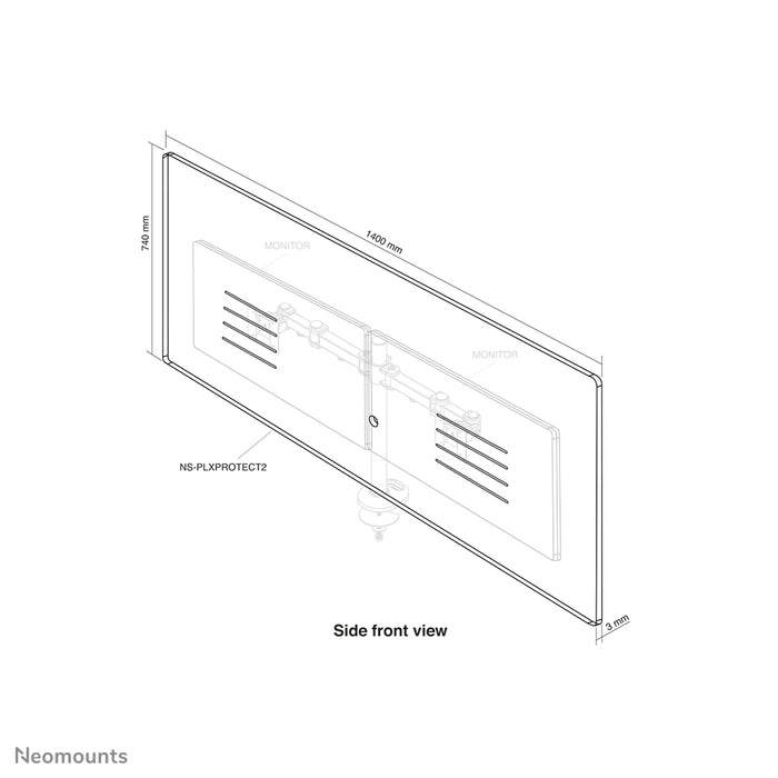Neomounts NS-PLXPROTECT2 es una pantalla transparente para 2 pantallas planas y ofrece protección contra la distancia en el lugar de trabajo - Acrílico transparente, 100% reciclable | PLXPROTECT está registrado como patente de diseño de la UE |