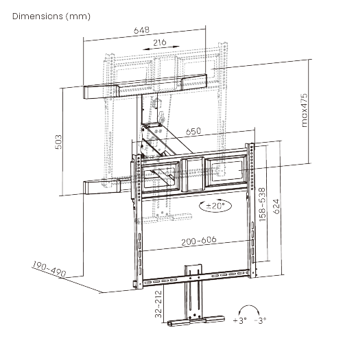 Wolff Mount TVB-147 – Pull-Down TV-beugel – Draaibaar – 47 cm Hoogteverstelling – Geschikt tot 86 inch