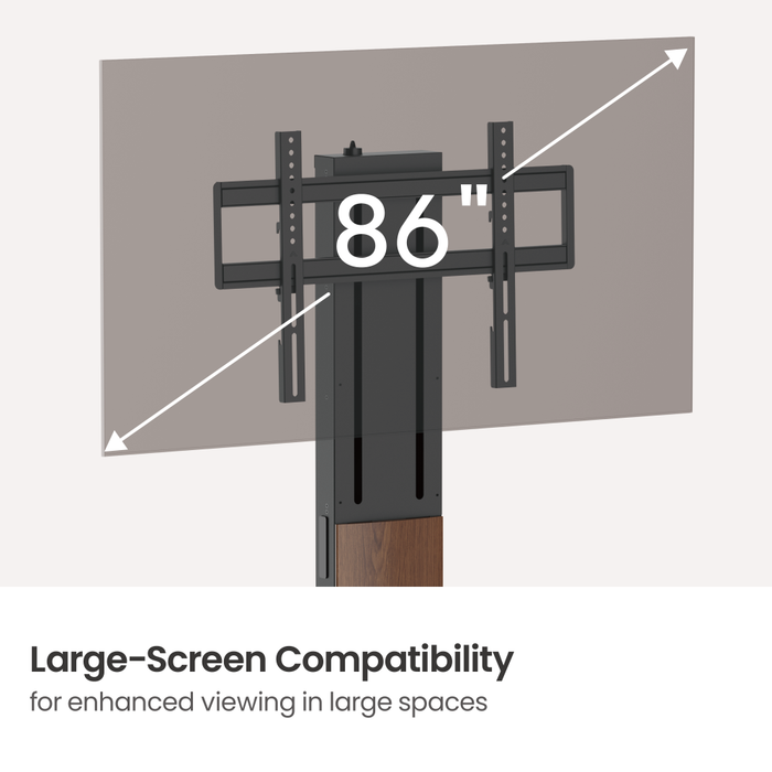 Soporte Wolff Mount – Soporte de pie independiente premium para televisor con FreeLift™ – Altura ajustable con un solo dedo – Compatible con televisores de hasta 86 pulgadas – Base maciza extra grande – Gestión de cables – Negro/Nogal
