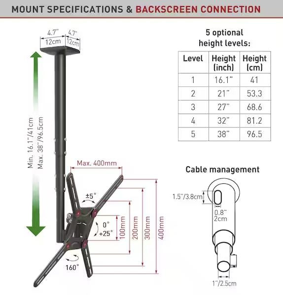 Barkan Mounts Zwarte Plafondbeugel 29 - 65 inch |Hoogste verstelbaar |Draai- en kantelbaar |VESA 400x400
