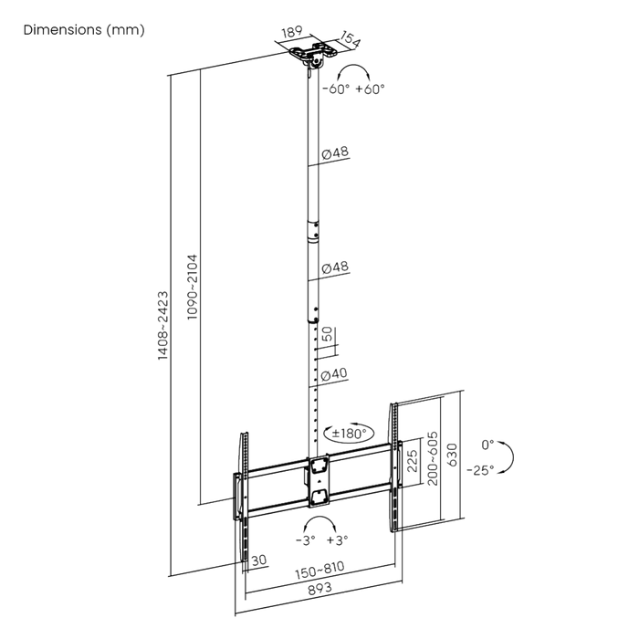 Soporte de techo resistente ajustable en altura de 50 a 100 pulgadas y capacidad de carga de 80 kg