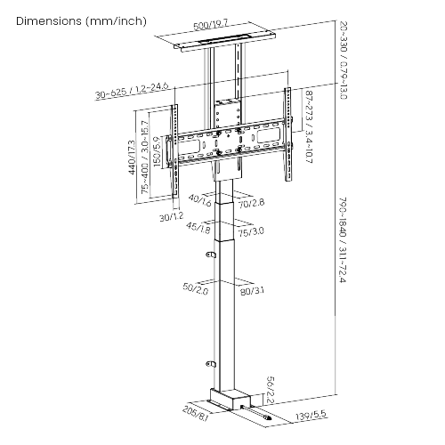 Wolff Mount Elektrische TV lift verticaal tot 80 inch scherm |Tot 60 kilo liften |met APP, Spraak en AB